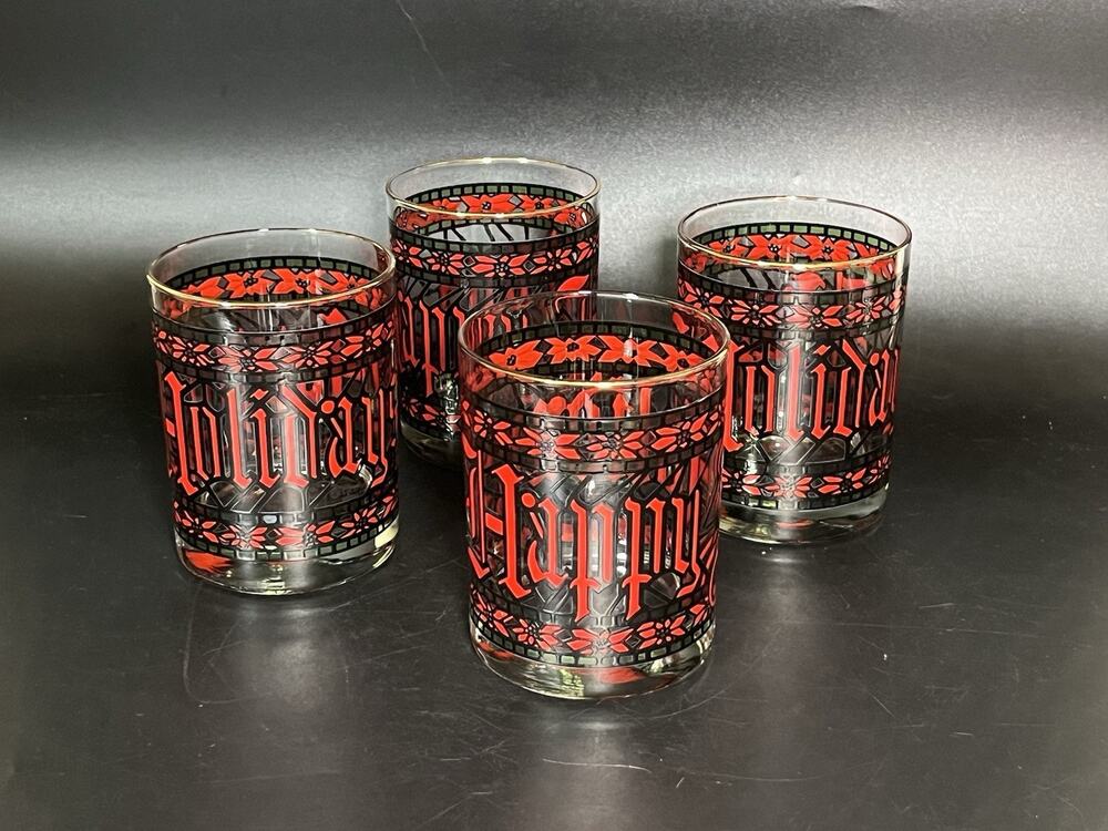 Drink Ware Mid Century Houze Glassware Cup Happy Holiday Lot Of 4 Christmas